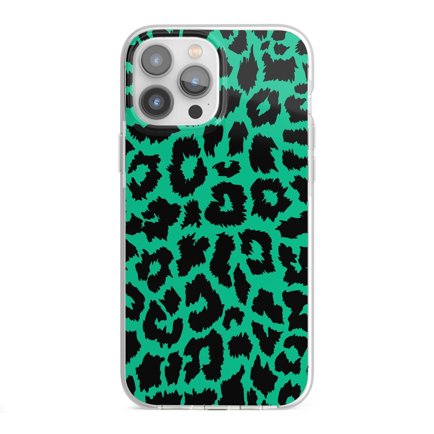 Green Leopard Print iPhone 13 Pro Max TPU Impact Case with White Edges
