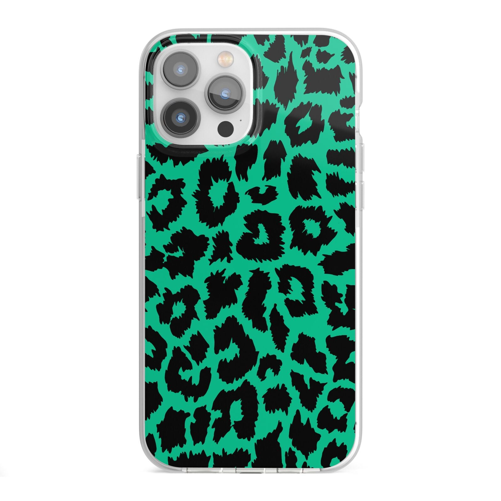 Green Leopard Print iPhone 13 Pro Max TPU Impact Case with White Edges