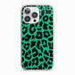 Green Leopard Print iPhone 13 Pro TPU Impact Case with Pink Edges