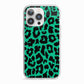 Green Leopard Print iPhone 13 Pro TPU Impact Case with White Edges
