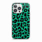 Green Leopard Print iPhone 13 Pro TPU Impact Case with White Edges