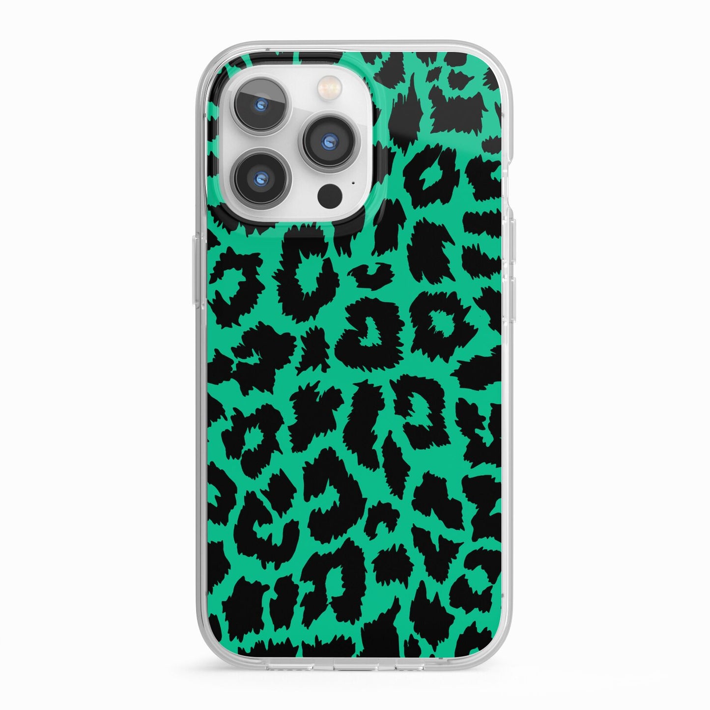 Green Leopard Print iPhone 13 Pro TPU Impact Case with White Edges