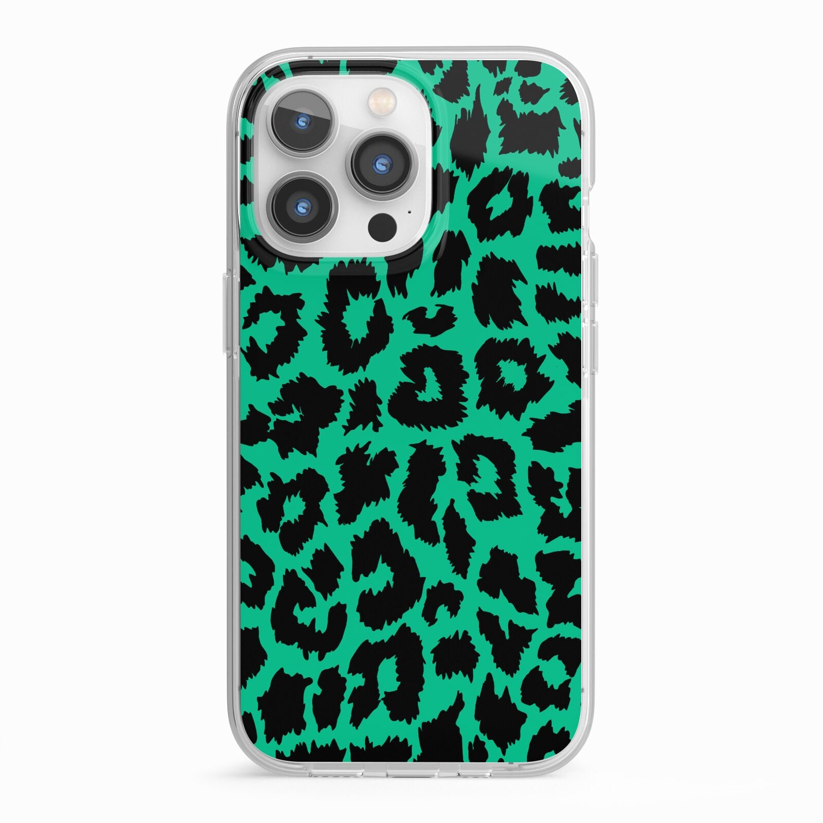 Green Leopard Print iPhone 13 Pro TPU Impact Case with White Edges