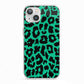 Green Leopard Print iPhone 13 TPU Impact Case with White Edges