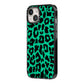 Green Leopard Print iPhone 14 Black Impact Case Side Angle on Silver phone