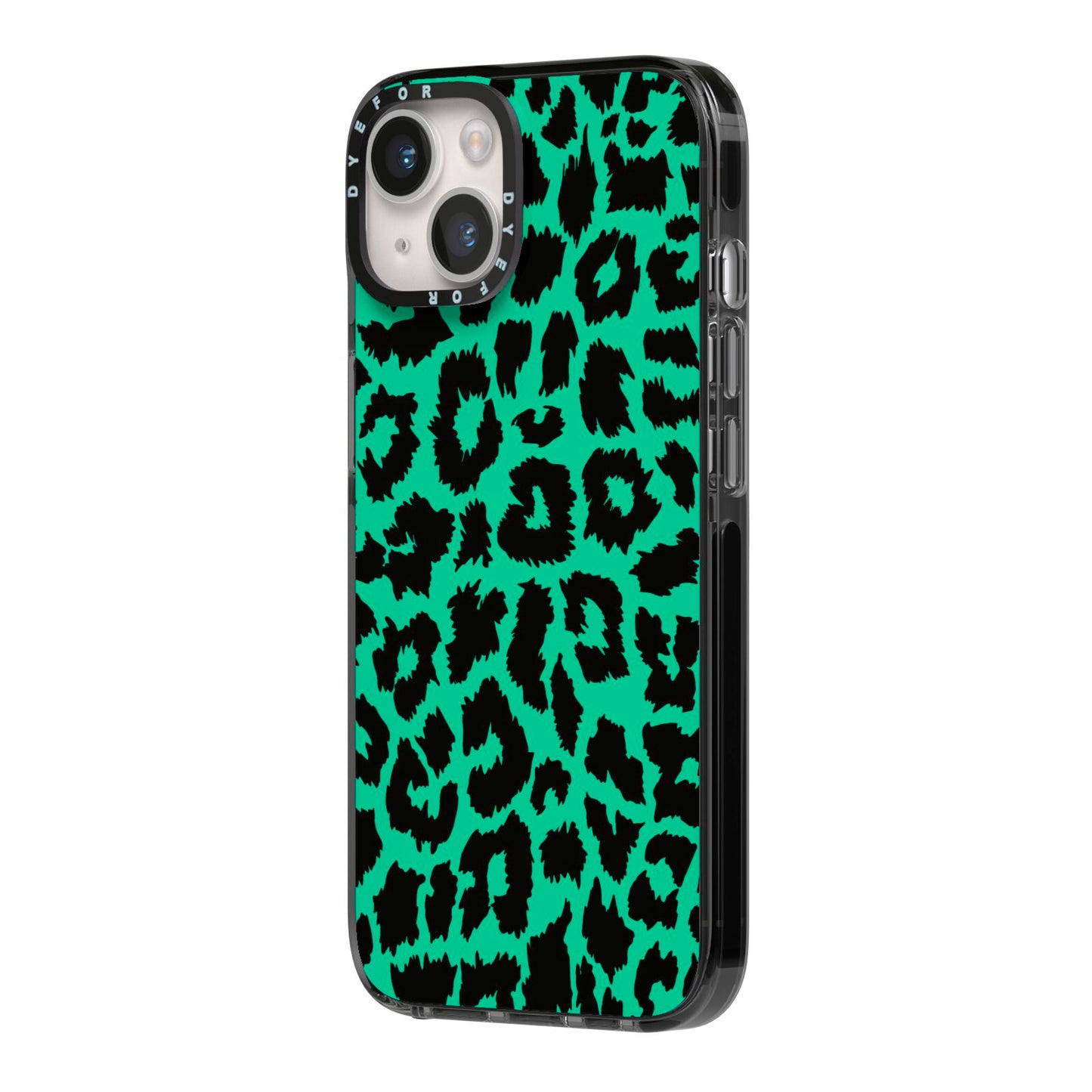 Green Leopard Print iPhone 14 Black Impact Case Side Angle on Silver phone