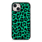 Green Leopard Print iPhone 14 Black Impact Case on Silver phone