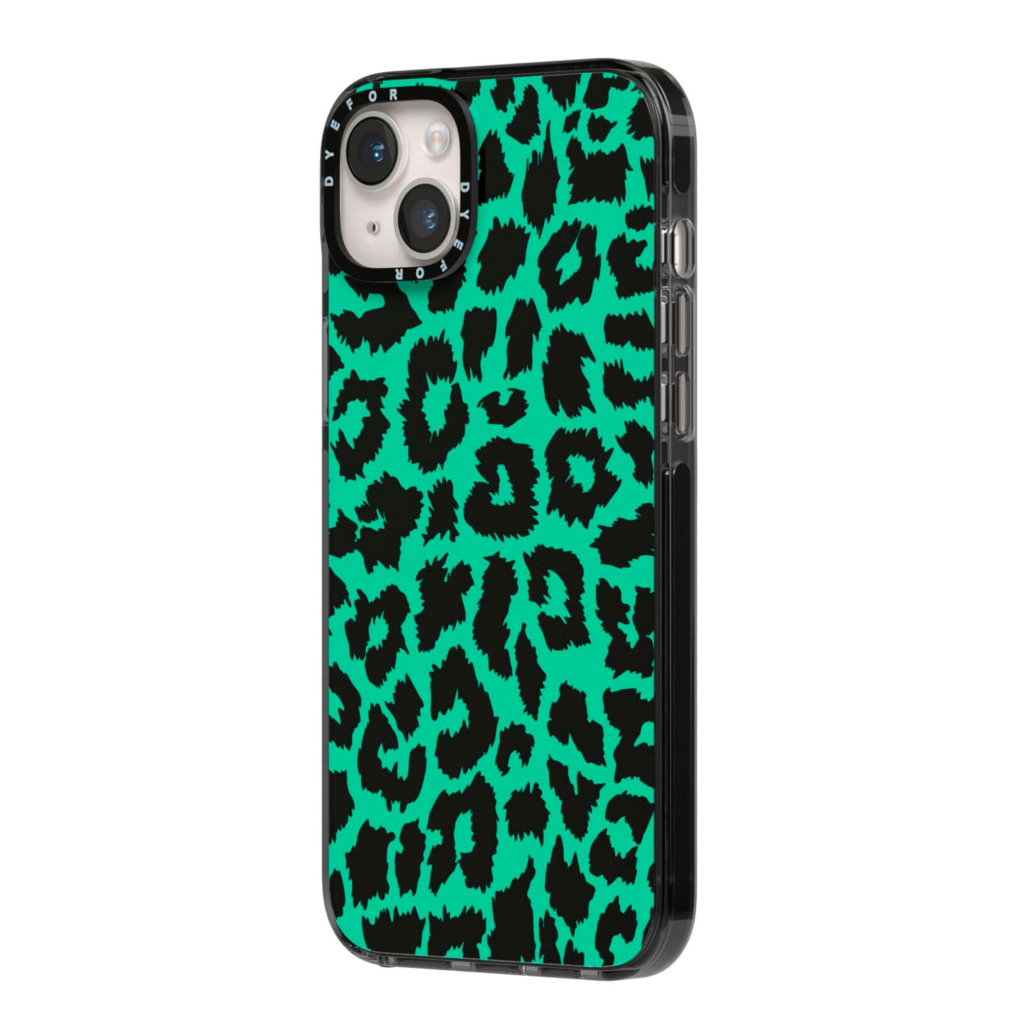 Green Leopard Print iPhone 14 Plus Black Impact Case Side Angle on Silver phone