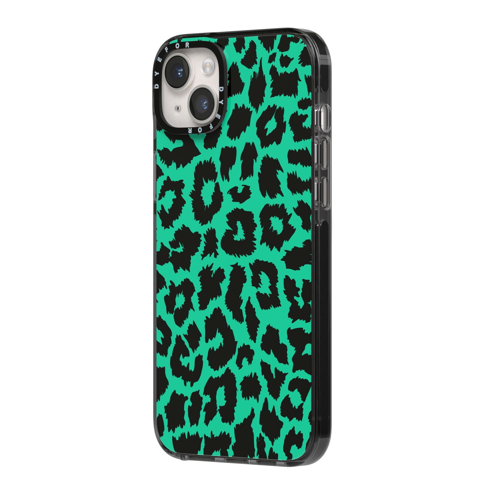 Green Leopard Print iPhone 14 Plus Black Impact Case Side Angle on Silver phone