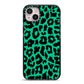 Green Leopard Print iPhone 14 Plus Black Impact Case on Silver phone