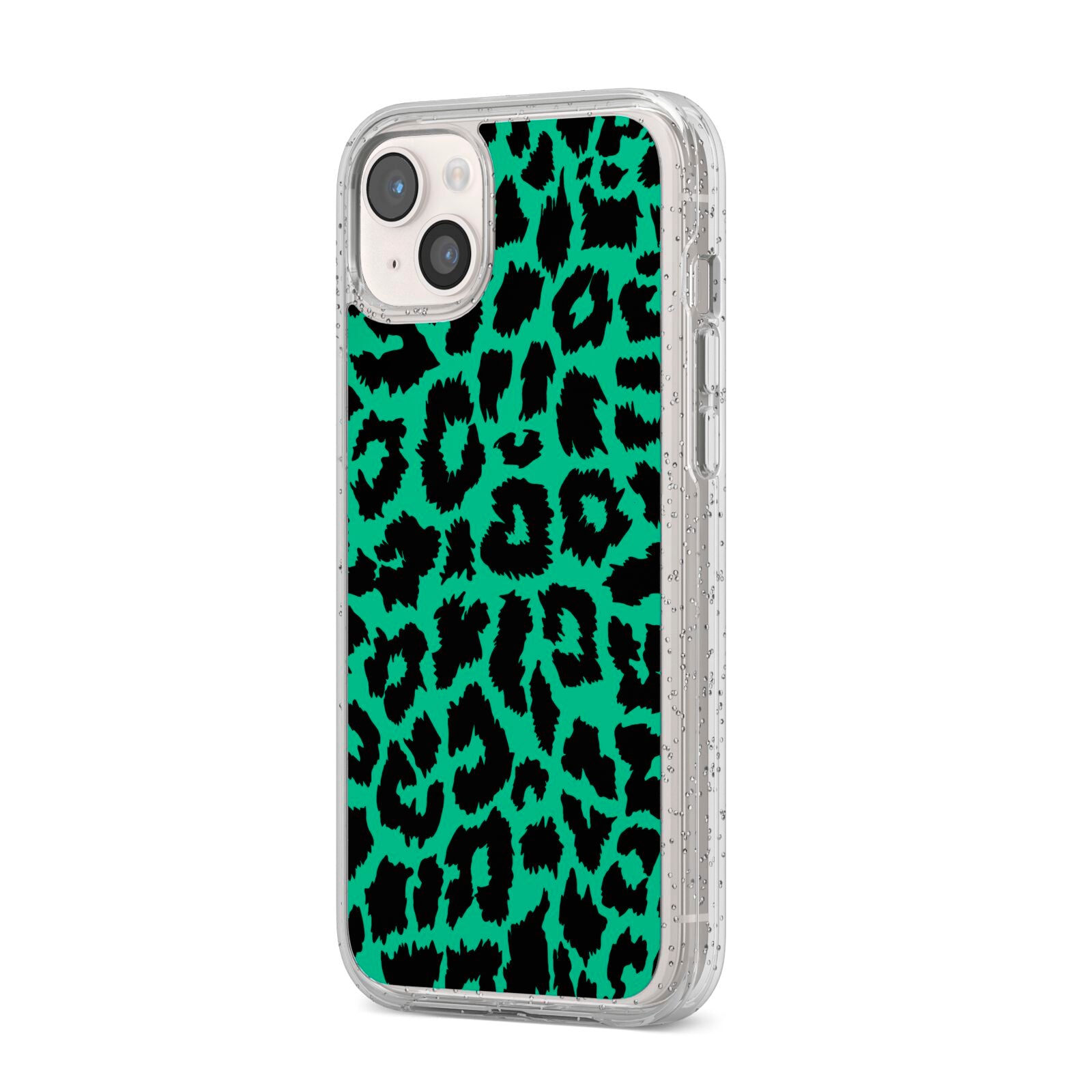 Green Leopard Print iPhone 14 Plus Glitter Tough Case Starlight Angled Image