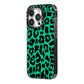 Green Leopard Print iPhone 14 Pro Black Impact Case Side Angle on Silver phone