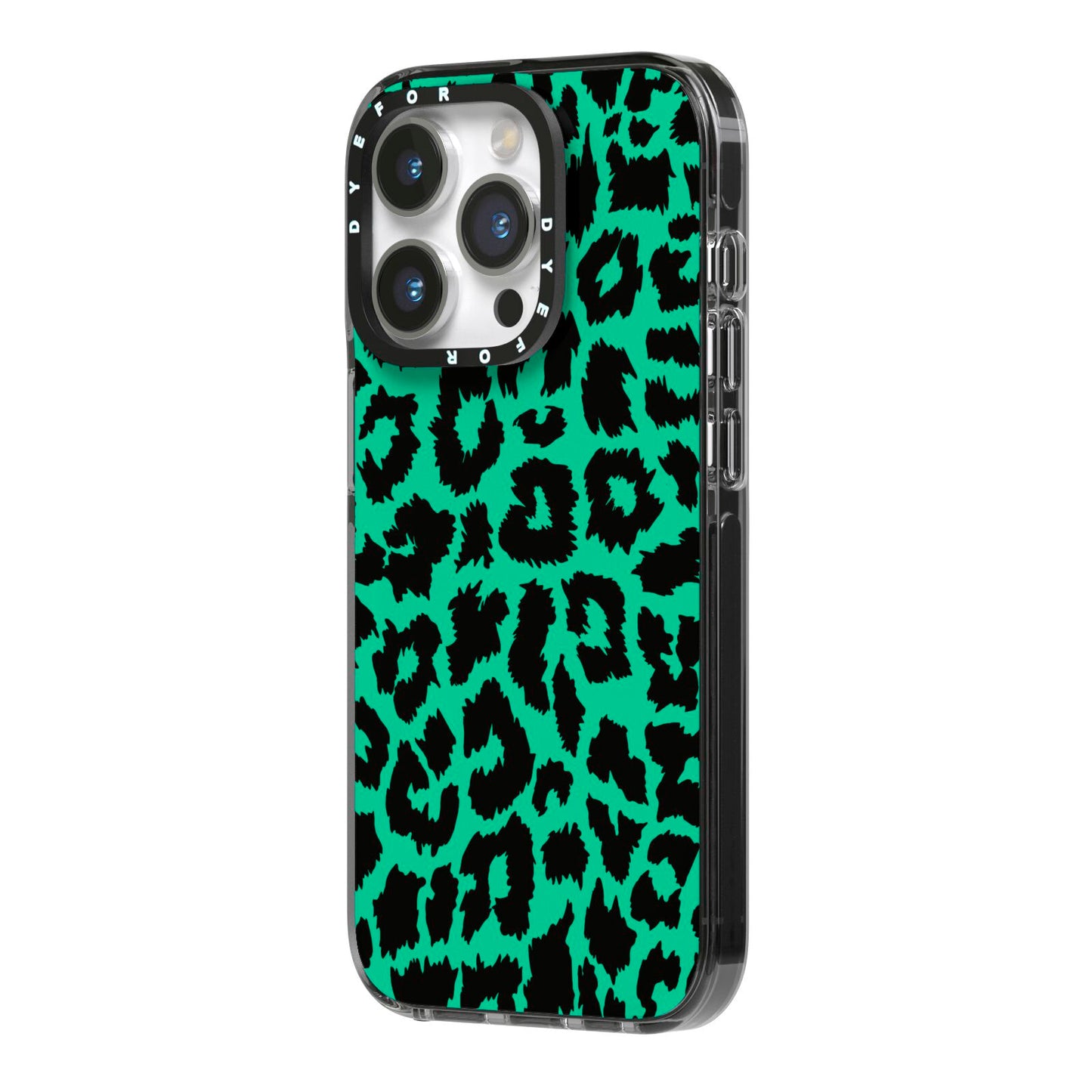 Green Leopard Print iPhone 14 Pro Black Impact Case Side Angle on Silver phone