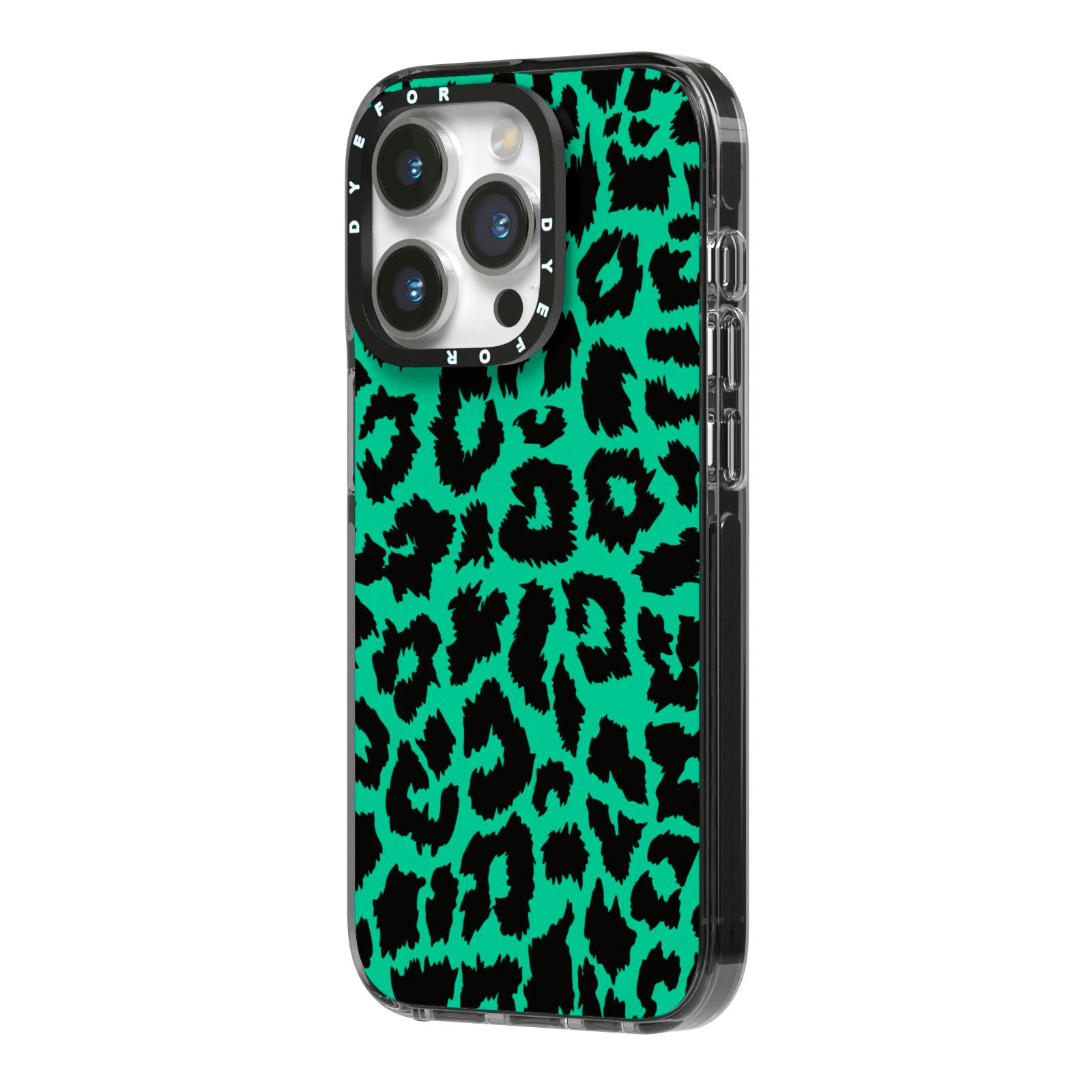 Green Leopard Print iPhone 14 Pro Black Impact Case Side Angle on Silver phone