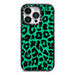 Green Leopard Print iPhone 14 Pro Black Impact Case on Silver phone
