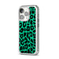Green Leopard Print iPhone 14 Pro Clear Tough Case Silver Angled Image