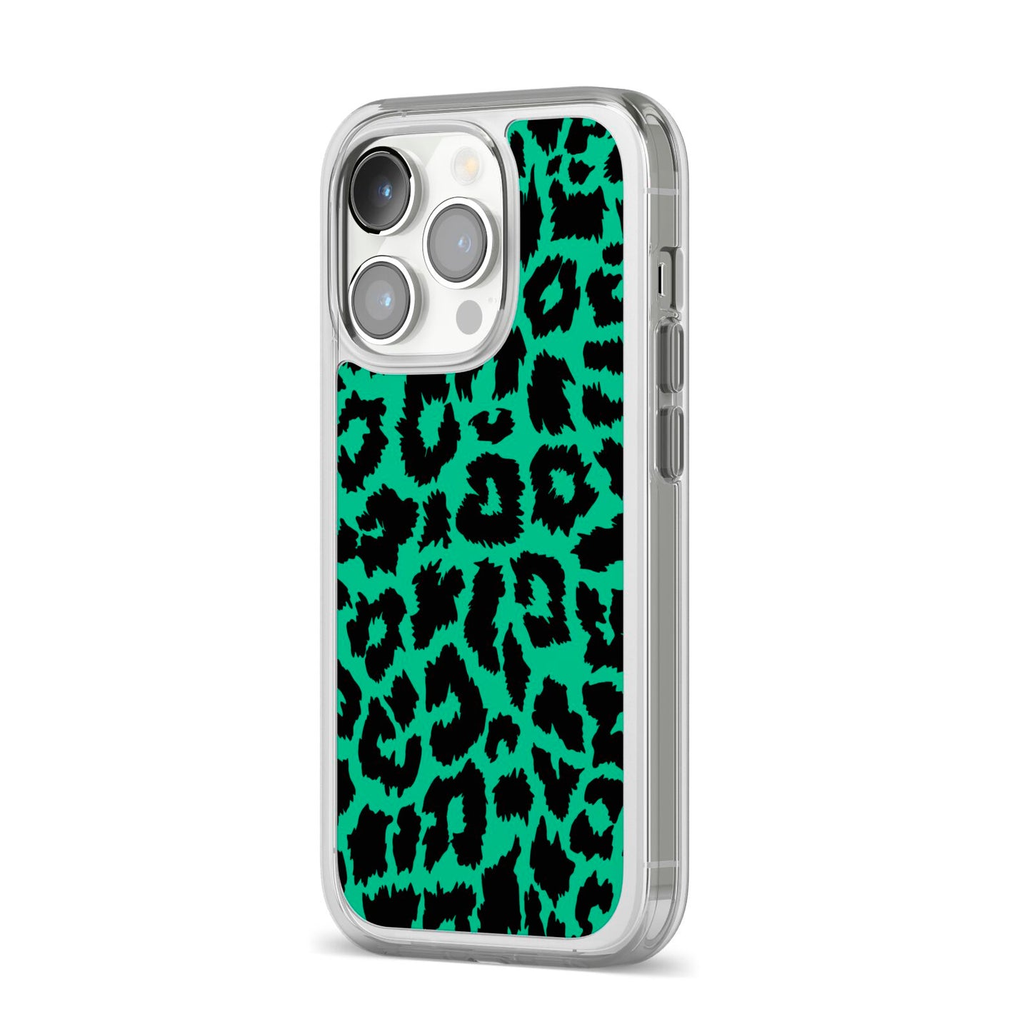 Green Leopard Print iPhone 14 Pro Clear Tough Case Silver Angled Image