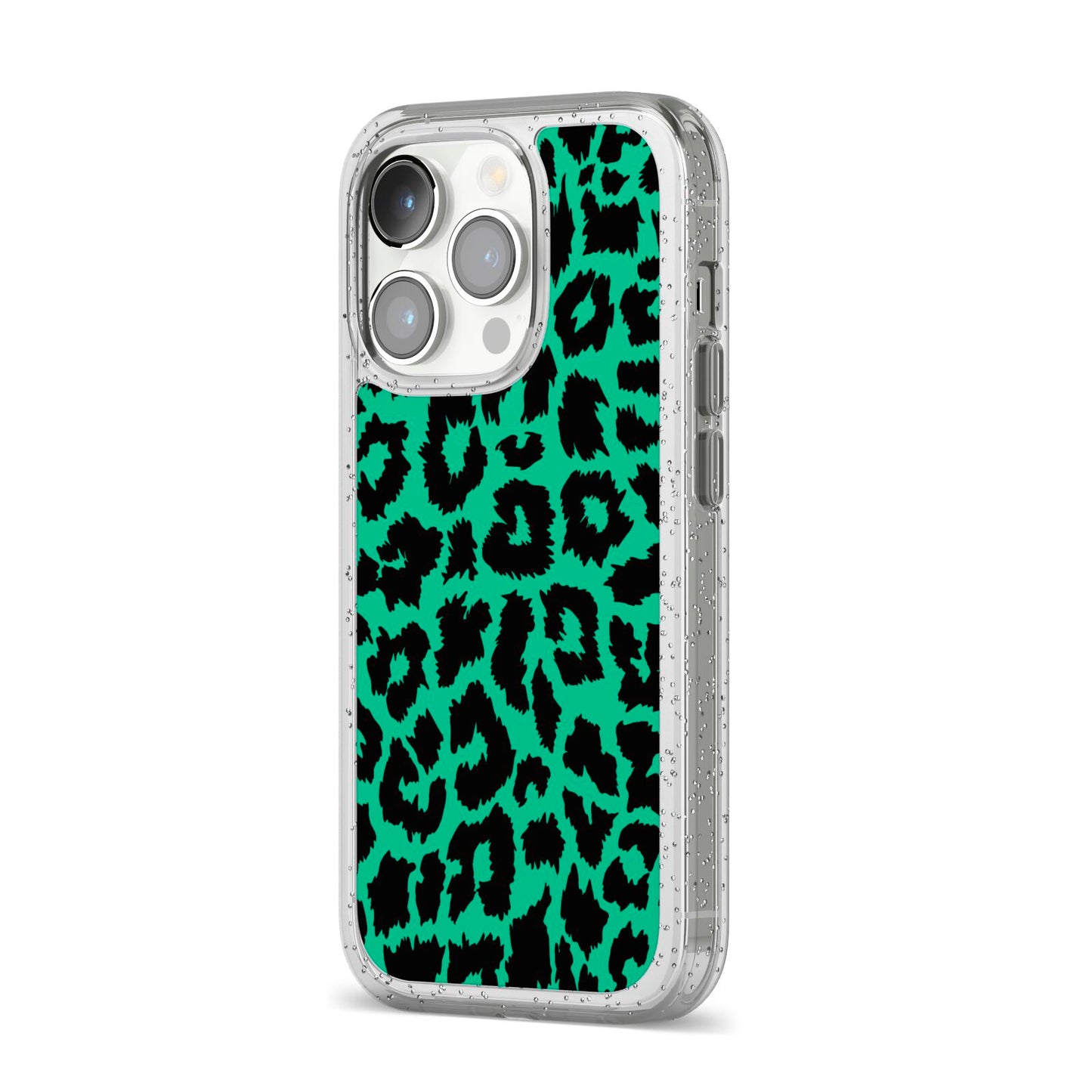 Green Leopard Print iPhone 14 Pro Glitter Tough Case Silver Angled Image