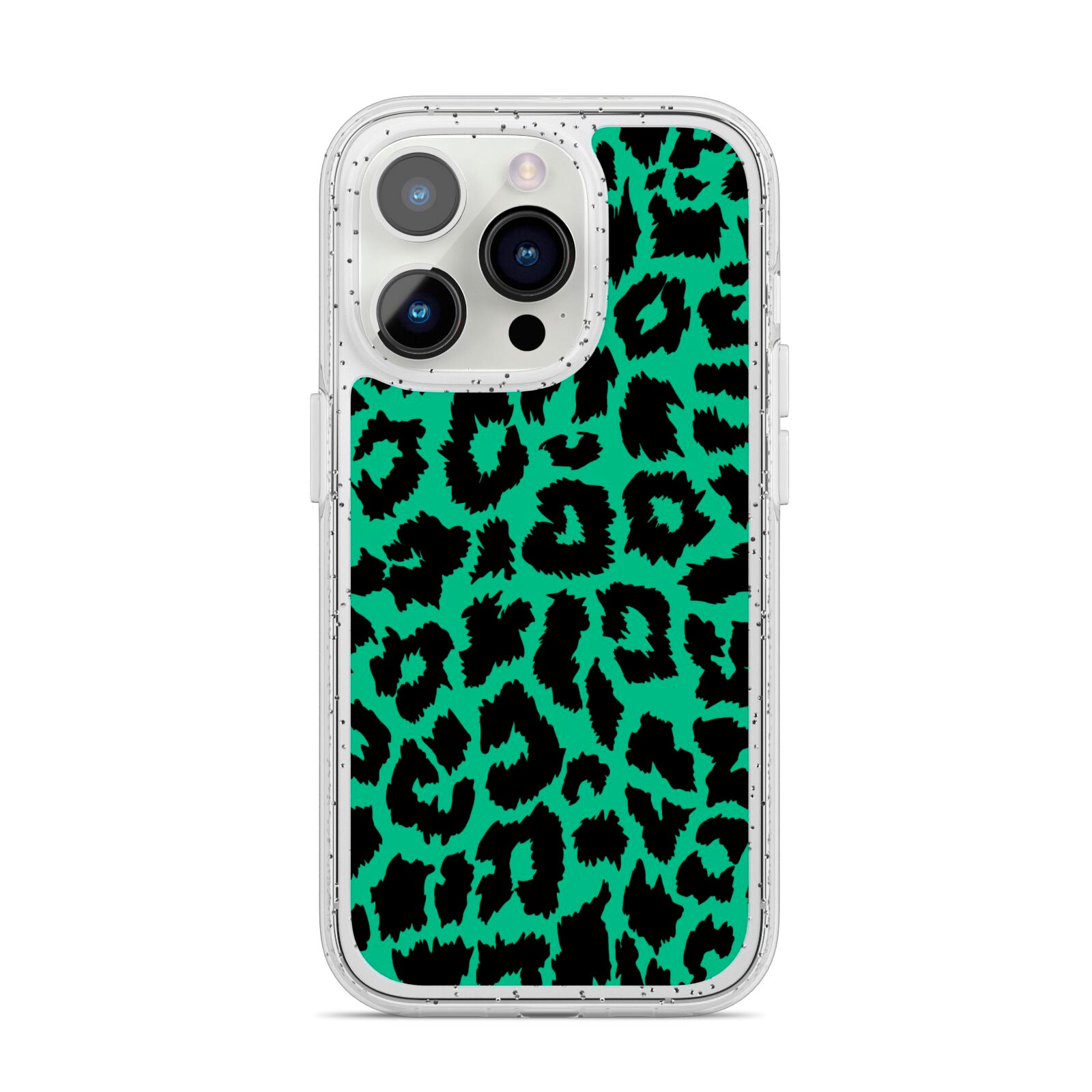 Green Leopard Print iPhone 14 Pro Glitter Tough Case Silver