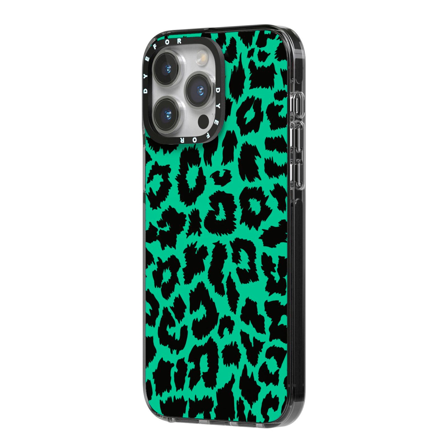 Green Leopard Print iPhone 14 Pro Max Black Impact Case Side Angle on Silver phone