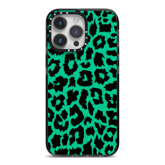 Green Leopard Print iPhone 14 Pro Max Black Impact Case on Silver phone