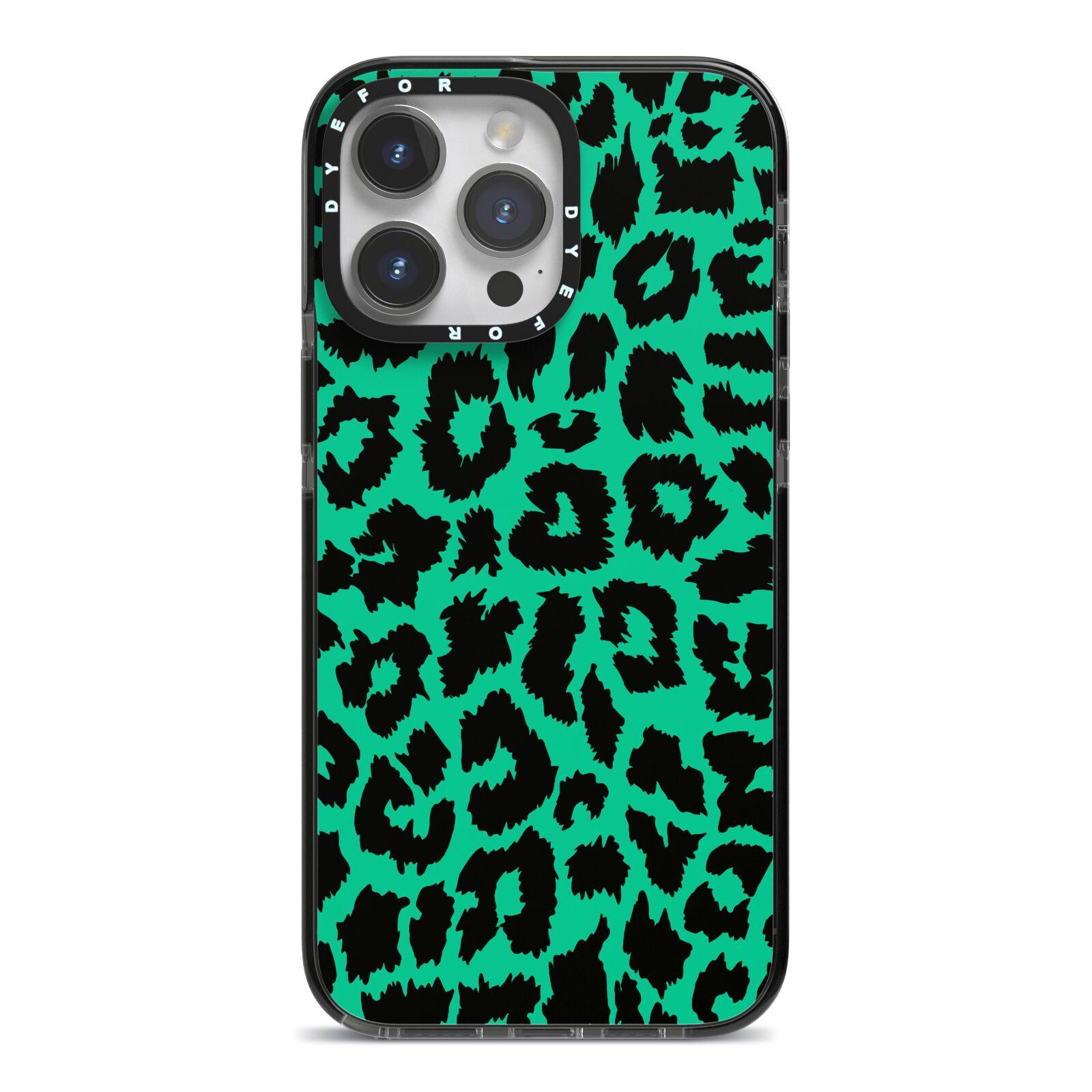 Green Leopard Print iPhone 14 Pro Max Black Impact Case on Silver phone