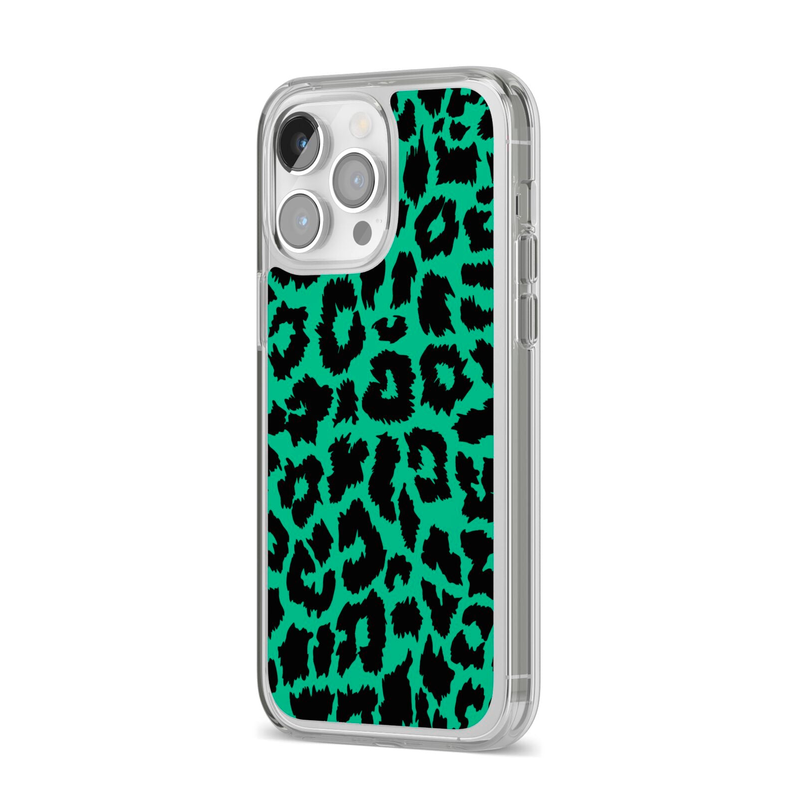 Green Leopard Print iPhone 14 Pro Max Clear Tough Case Silver Angled Image