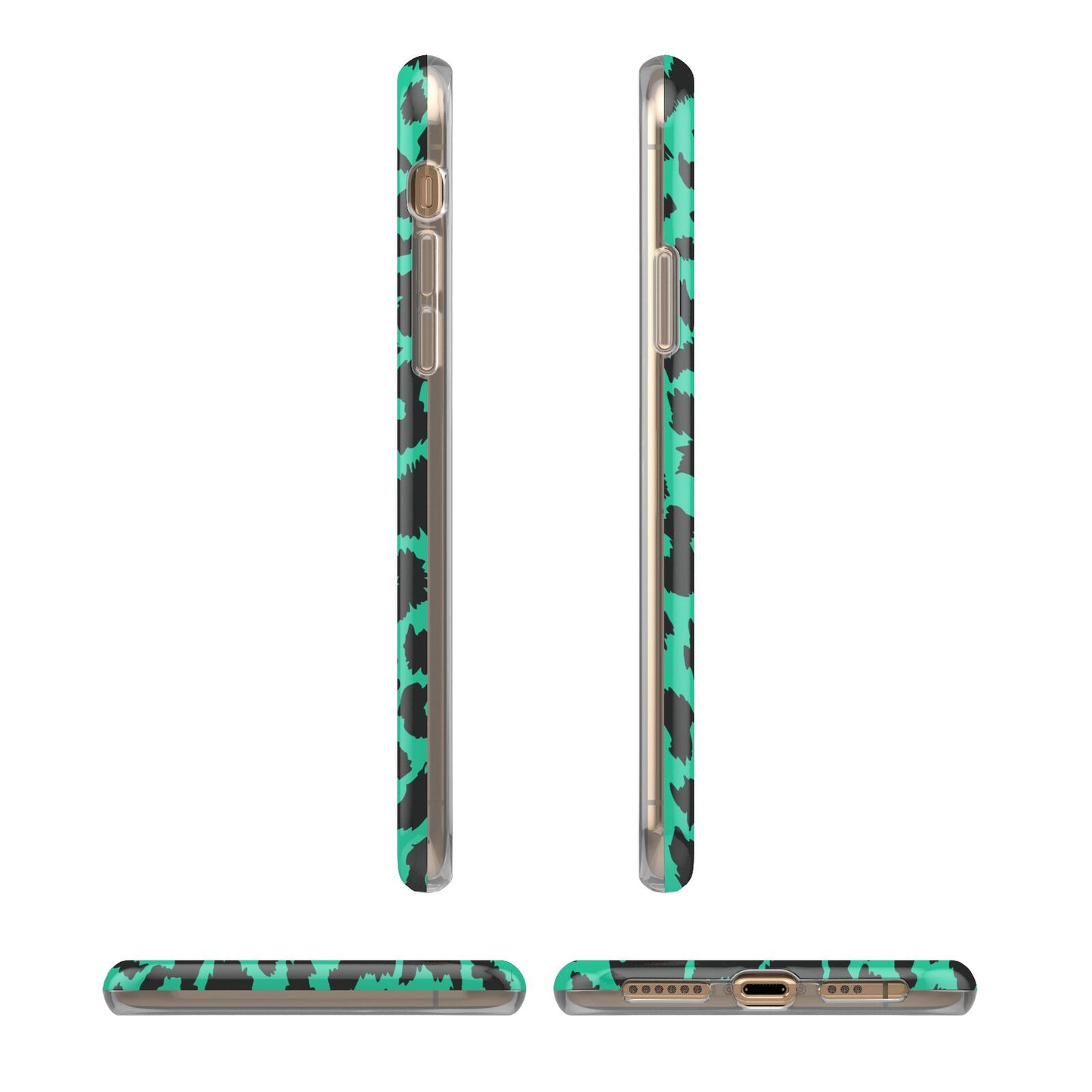 Green Leopard Print iPhone XS 3D Tough Case in Gold Angled Images