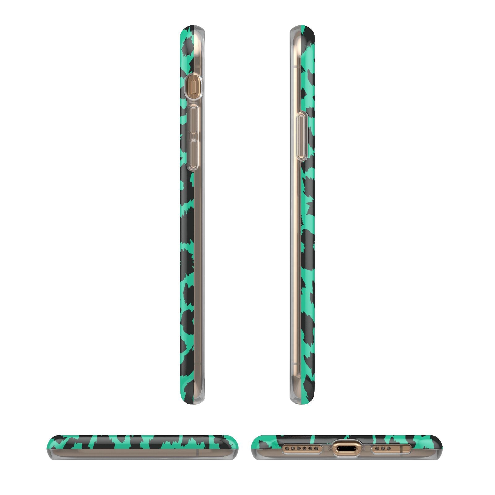 Green Leopard Print iPhone XS 3D Tough Case in Gold Angled Images