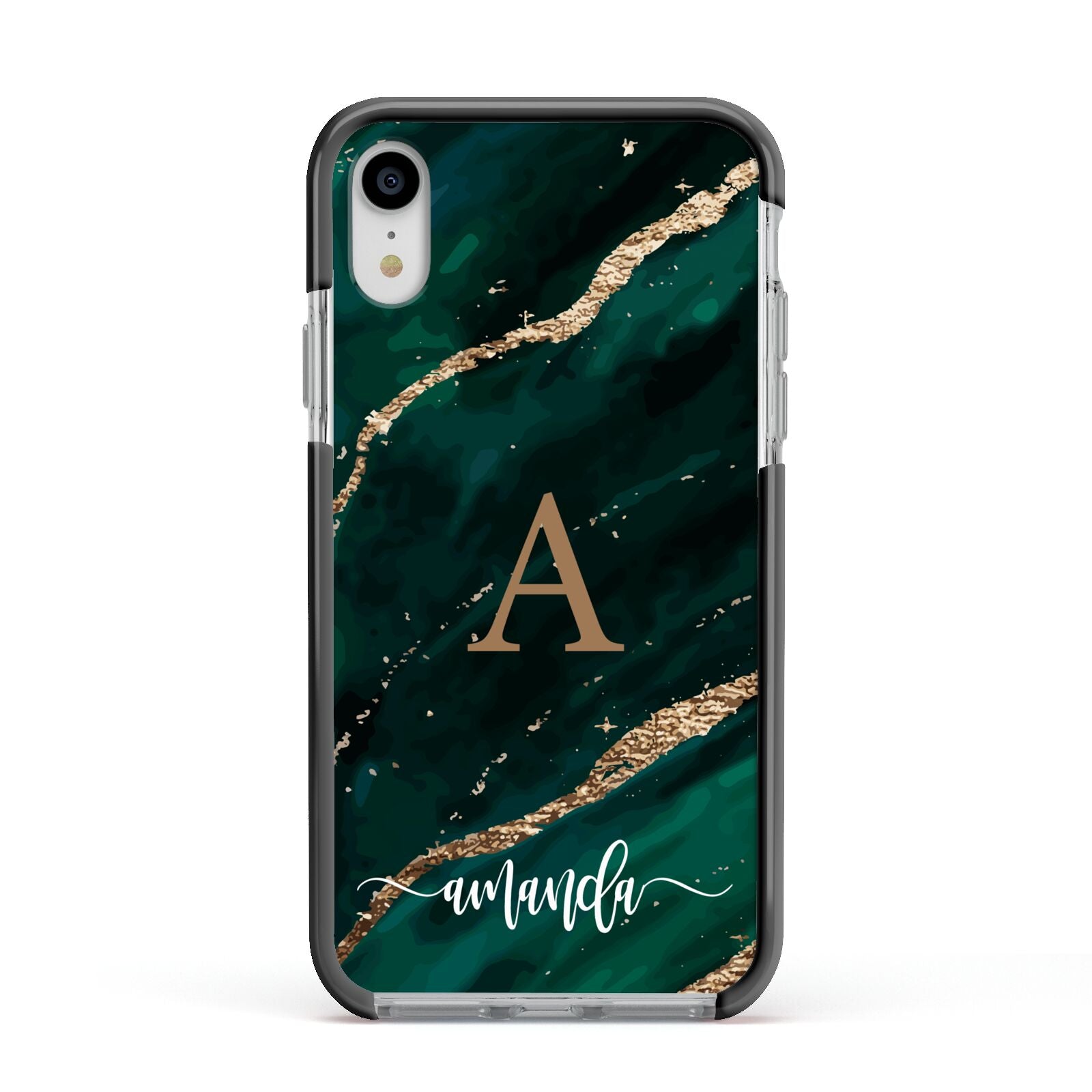 Green Marble Apple iPhone XR Impact Case Black Edge on Silver Phone