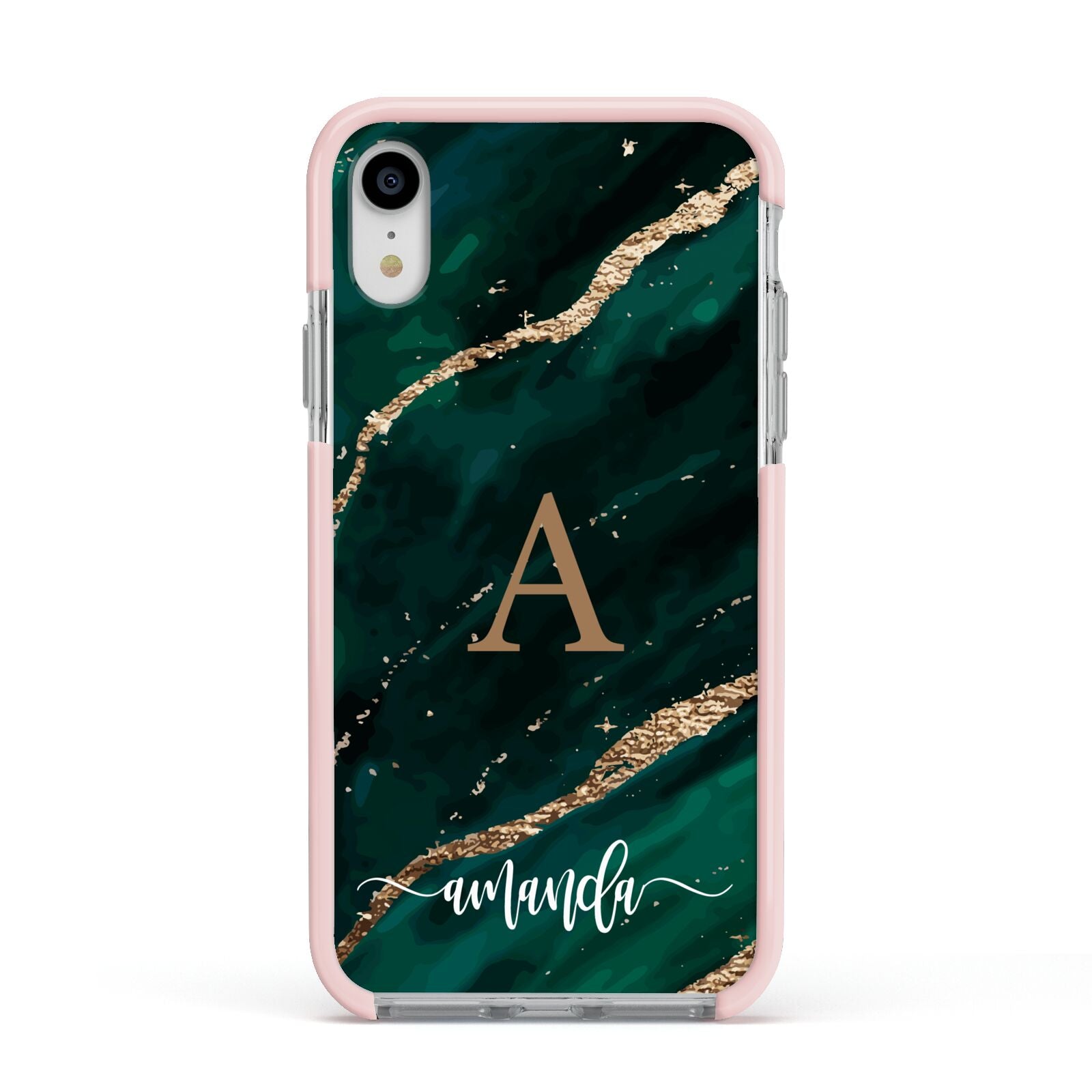 Green Marble Apple iPhone XR Impact Case Pink Edge on Silver Phone