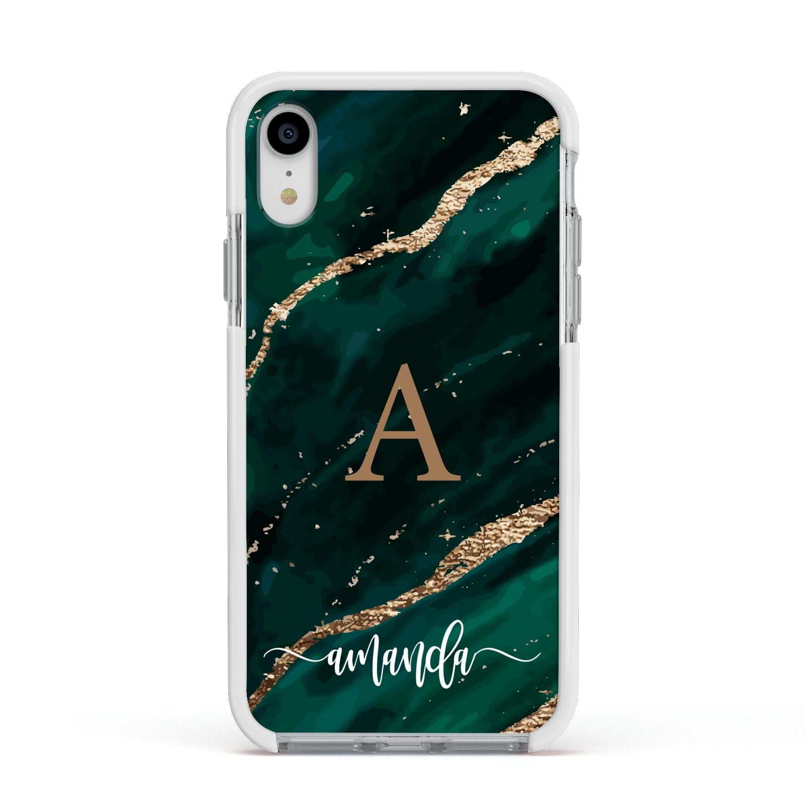 Green Marble Apple iPhone XR Impact Case White Edge on Silver Phone