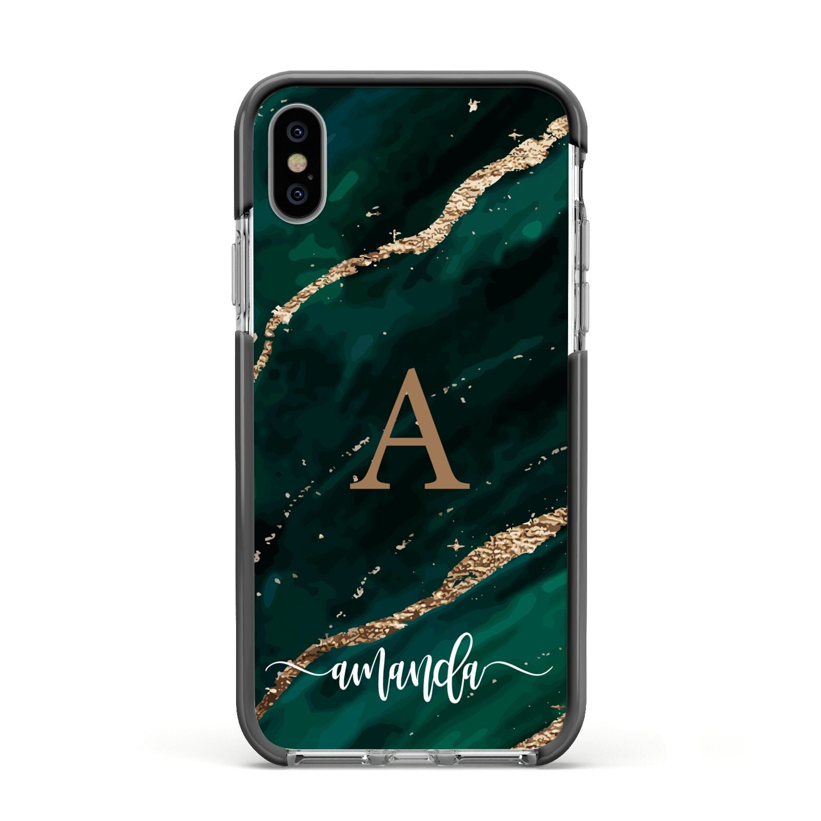 Green Marble Apple iPhone Xs Impact Case Black Edge on Silver Phone