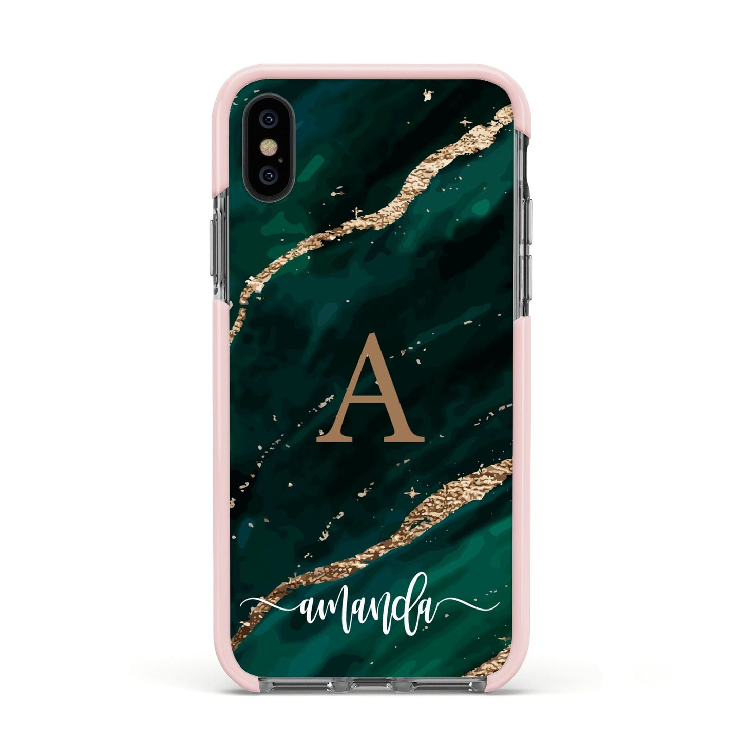 Green Marble Apple iPhone Xs Impact Case Pink Edge on Black Phone