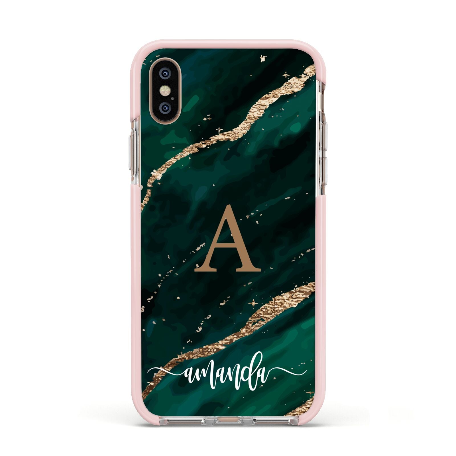 Green Marble Apple iPhone Xs Impact Case Pink Edge on Gold Phone