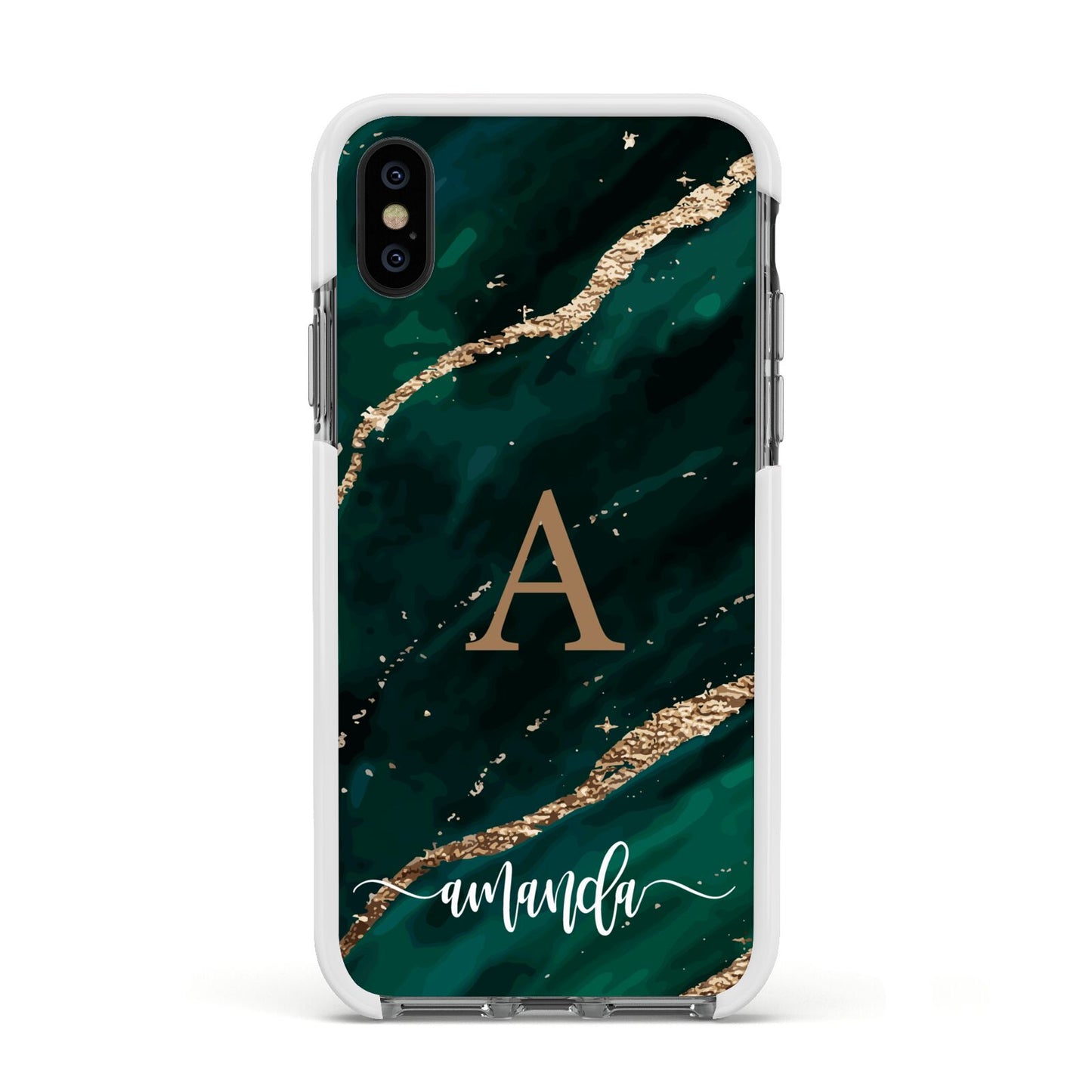 Green Marble Apple iPhone Xs Impact Case White Edge on Black Phone