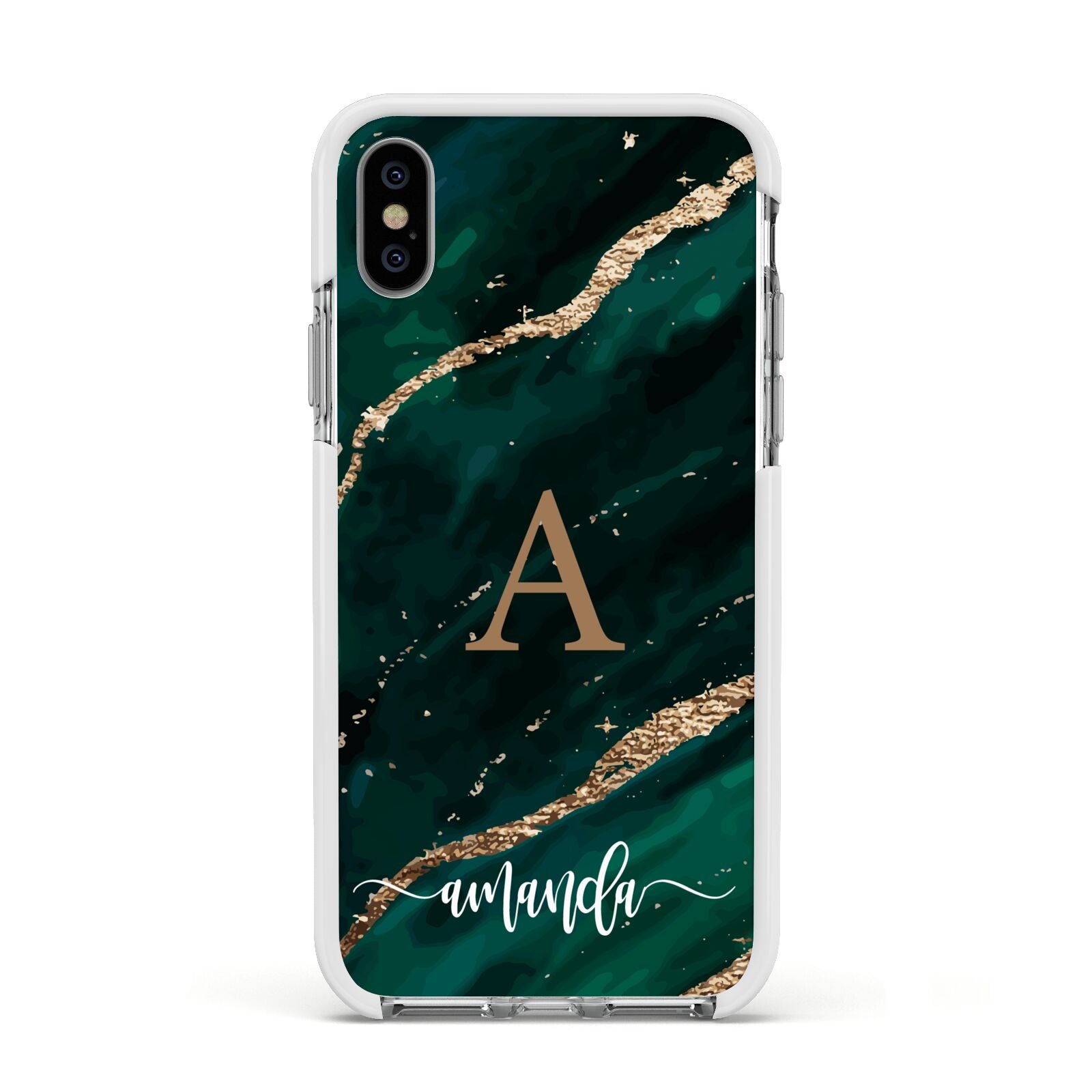 Green Marble Apple iPhone Xs Impact Case White Edge on Silver Phone