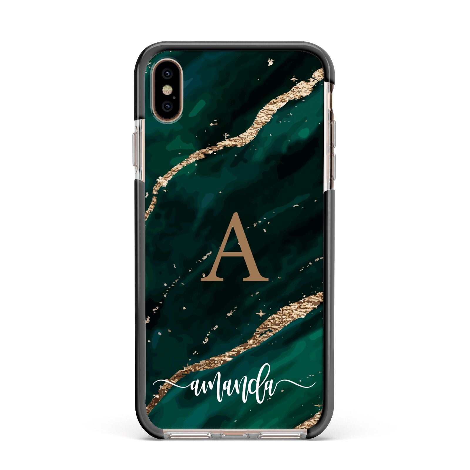 Green Marble Apple iPhone Xs Max Impact Case Black Edge on Gold Phone