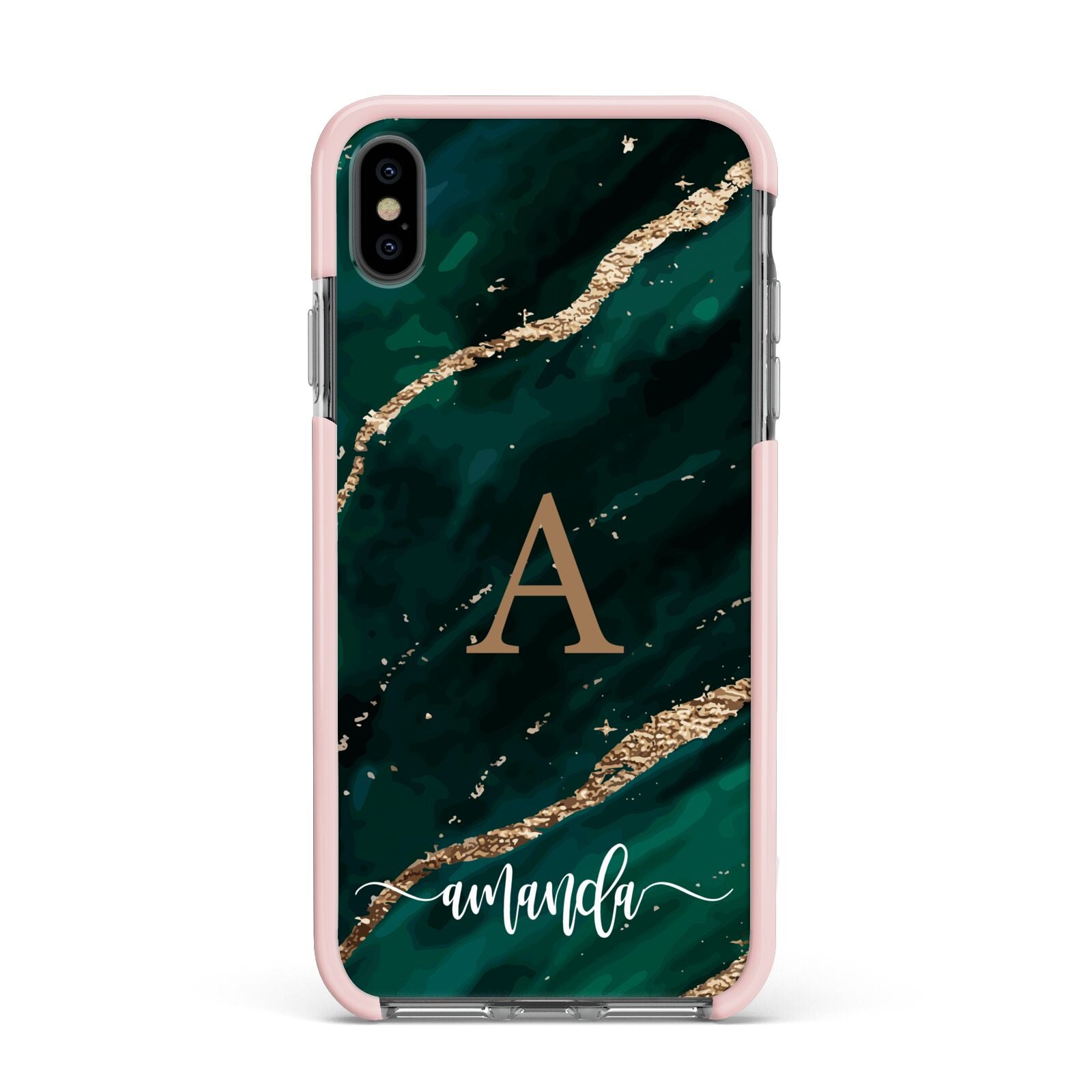 Green Marble Apple iPhone Xs Max Impact Case Pink Edge on Black Phone