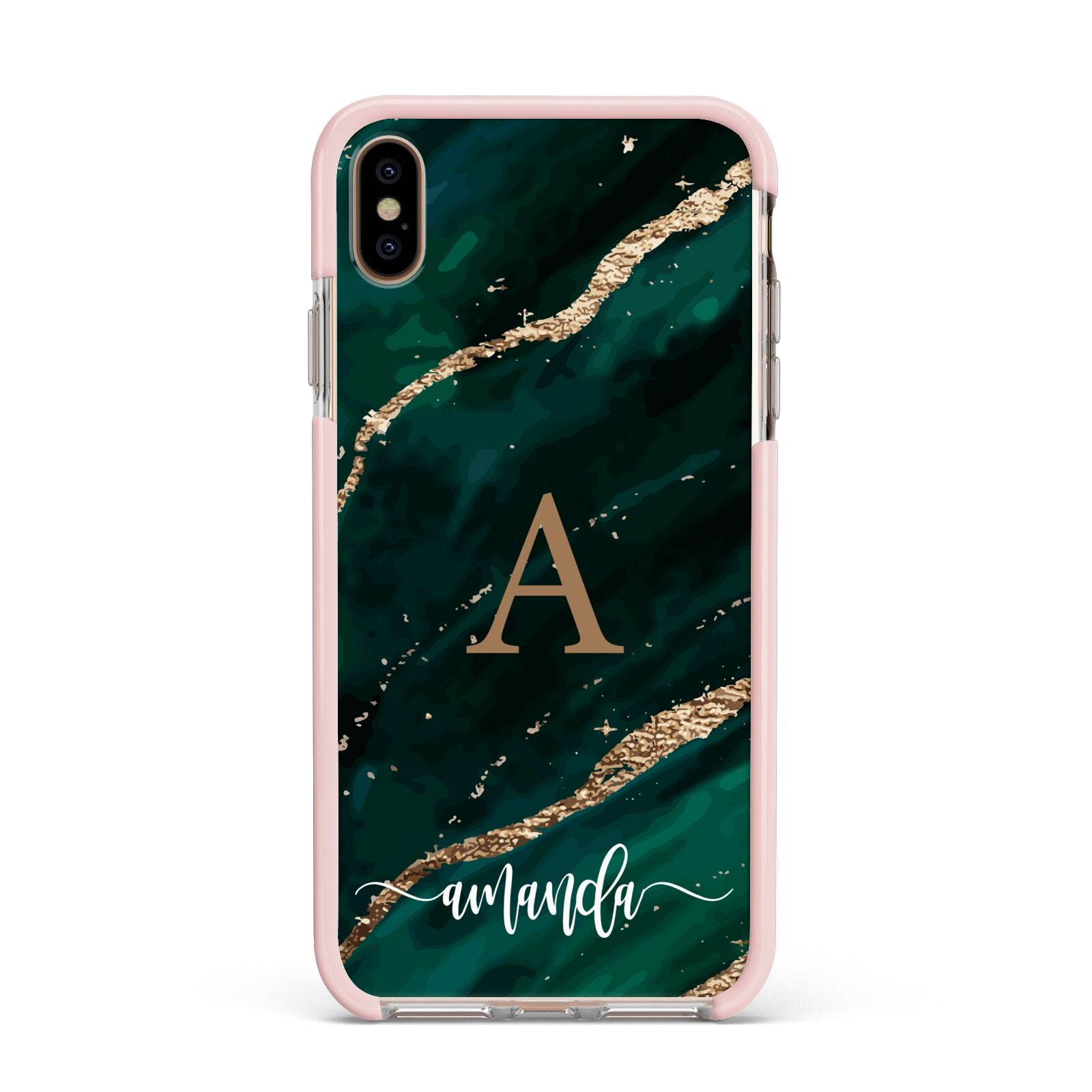 Green Marble Apple iPhone Xs Max Impact Case Pink Edge on Gold Phone