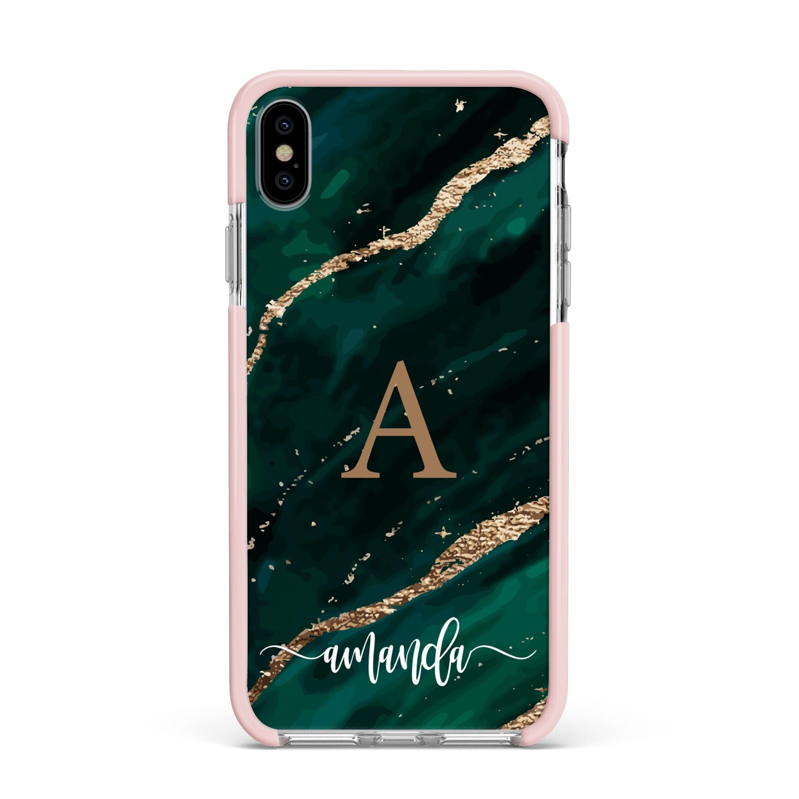 Green Marble Apple iPhone Xs Max Impact Case Pink Edge on Silver Phone