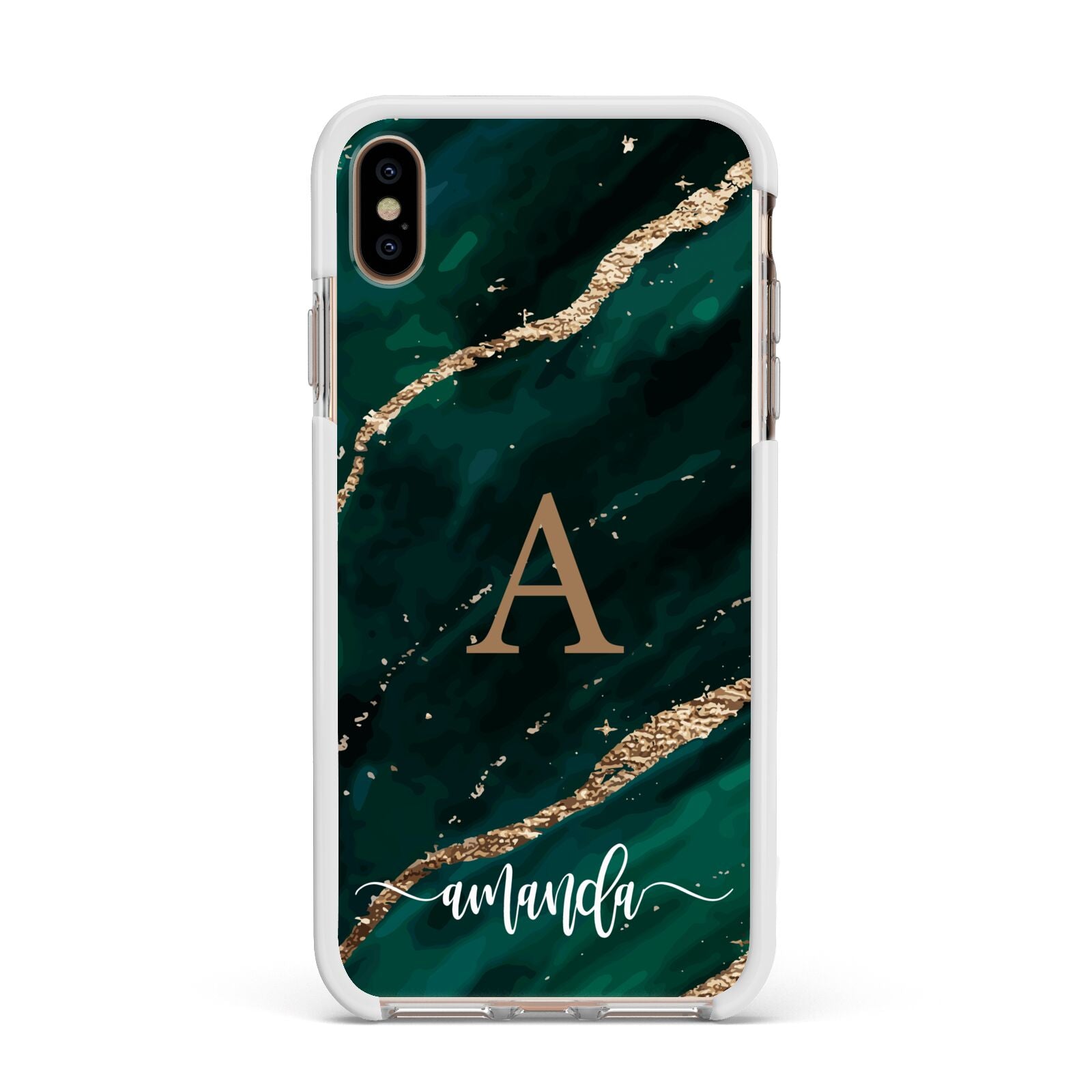 Green Marble Apple iPhone Xs Max Impact Case White Edge on Gold Phone