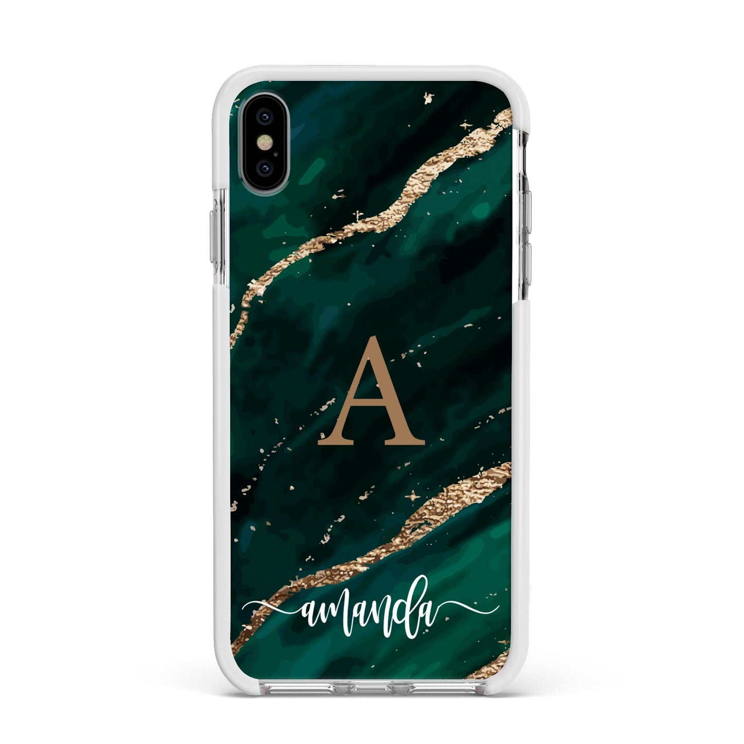 Green Marble Apple iPhone Xs Max Impact Case White Edge on Silver Phone