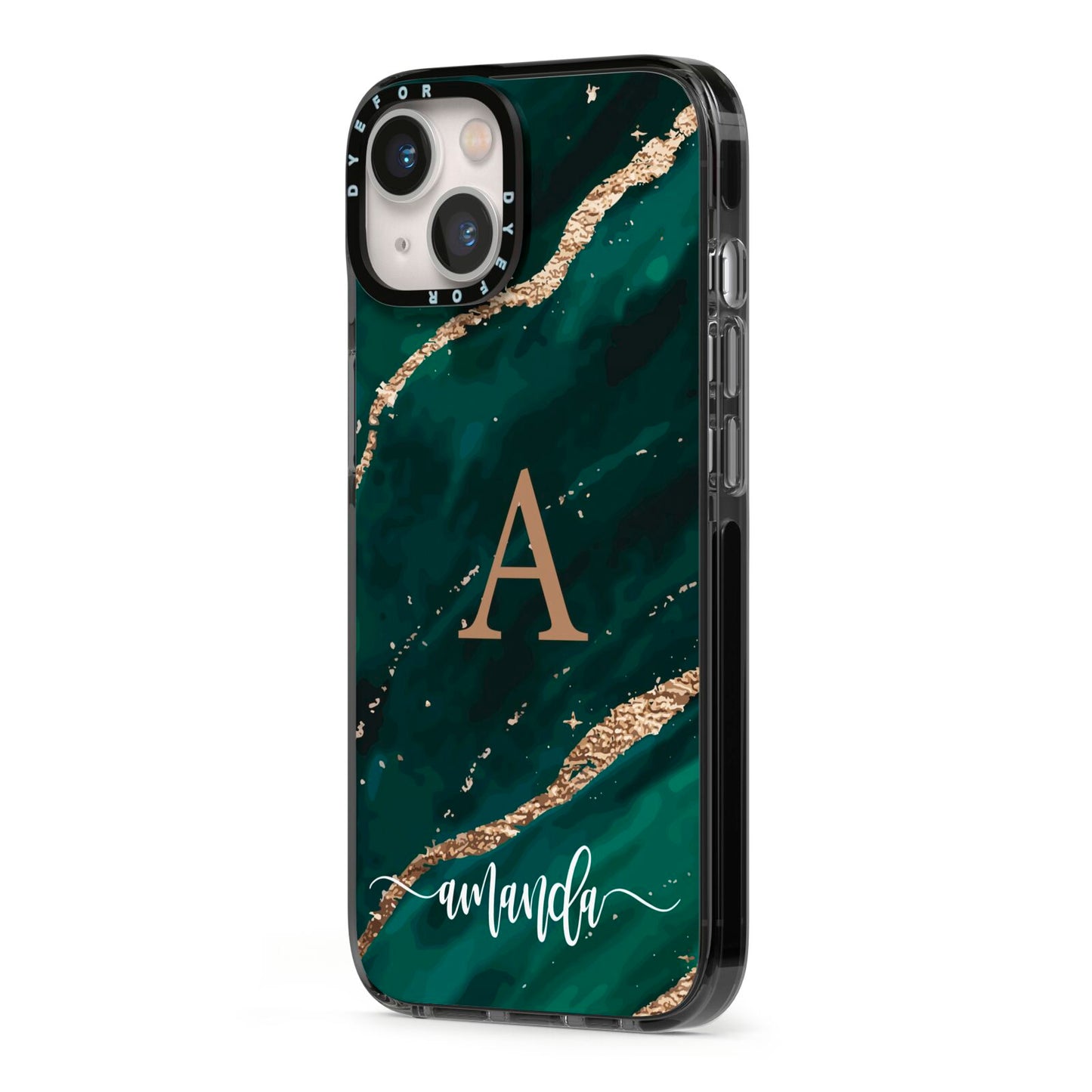 Green Marble iPhone 13 Black Impact Case Side Angle on Silver phone