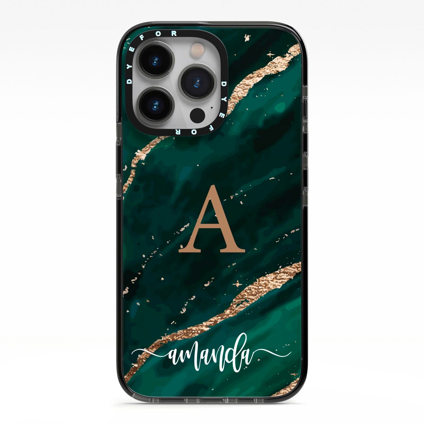 Green Marble iPhone 13 Pro Black Impact Case on Silver phone
