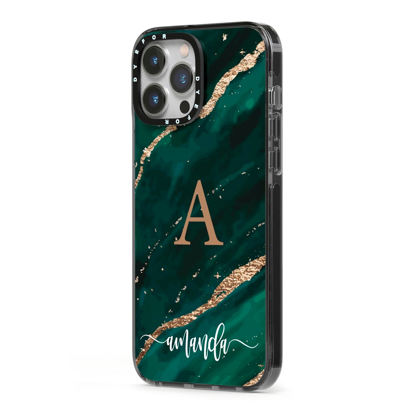 Green Marble iPhone 13 Pro Max Black Impact Case Side Angle on Silver phone