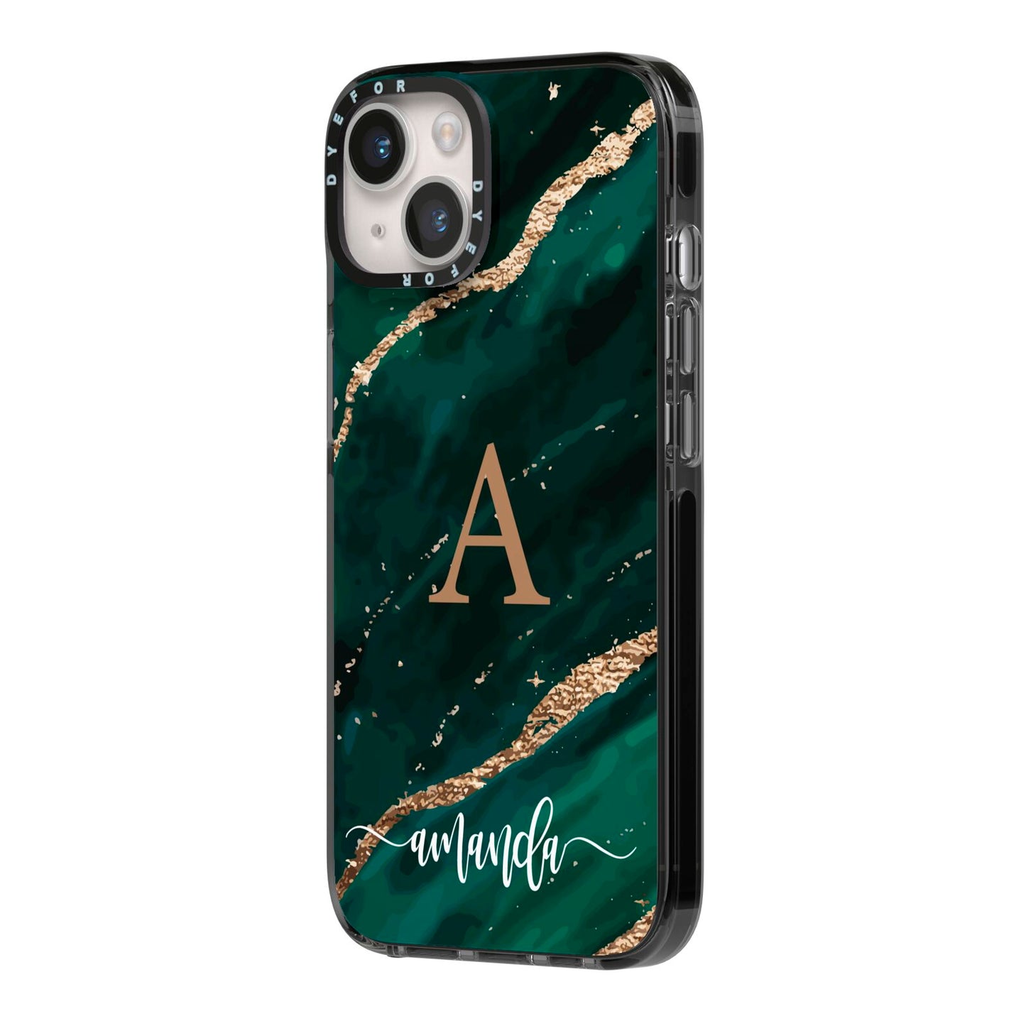 Green Marble iPhone 14 Black Impact Case Side Angle on Silver phone