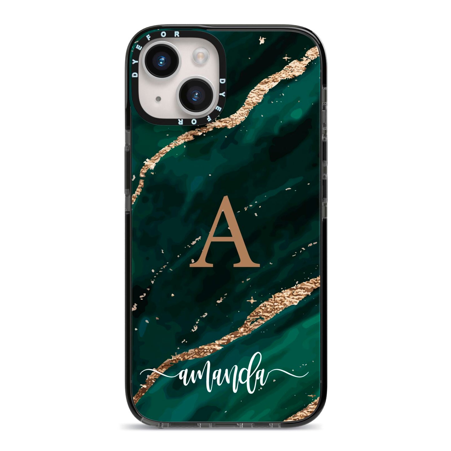 Green Marble iPhone 14 Black Impact Case on Silver phone