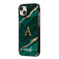 Green Marble iPhone 14 Plus Black Impact Case Side Angle on Silver phone