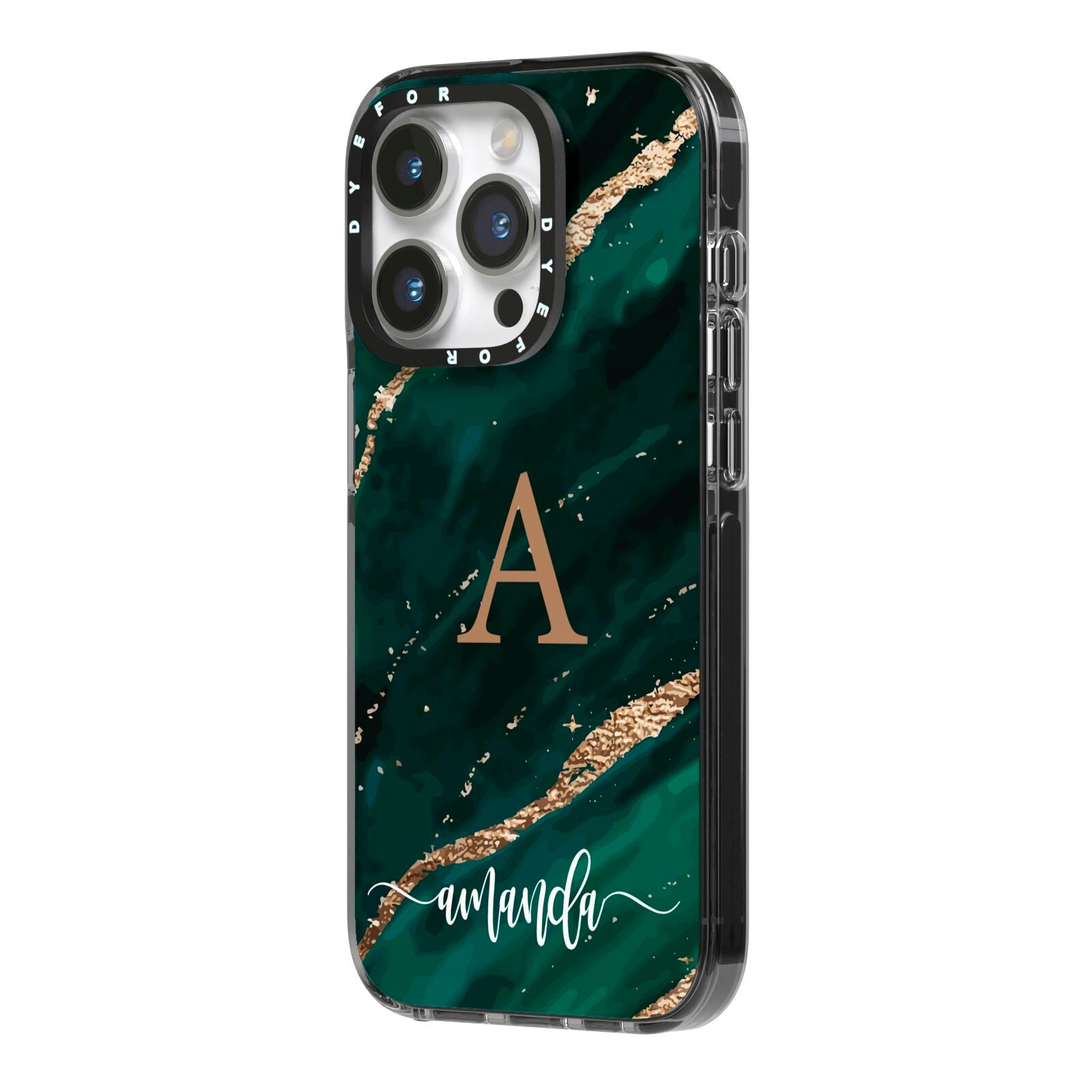 Green Marble iPhone 14 Pro Black Impact Case Side Angle on Silver phone